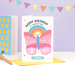 A cute and colourful card featuring an illustration of a butterfly and rainbow with the words 'happy birthday to a special niece' with space to personalise with a name and age.