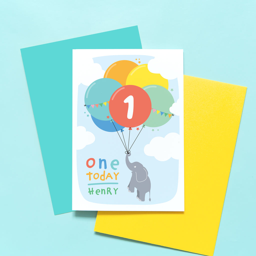 One today birthday card with baby elephant holding balloons. Can be personalised for any name and age.