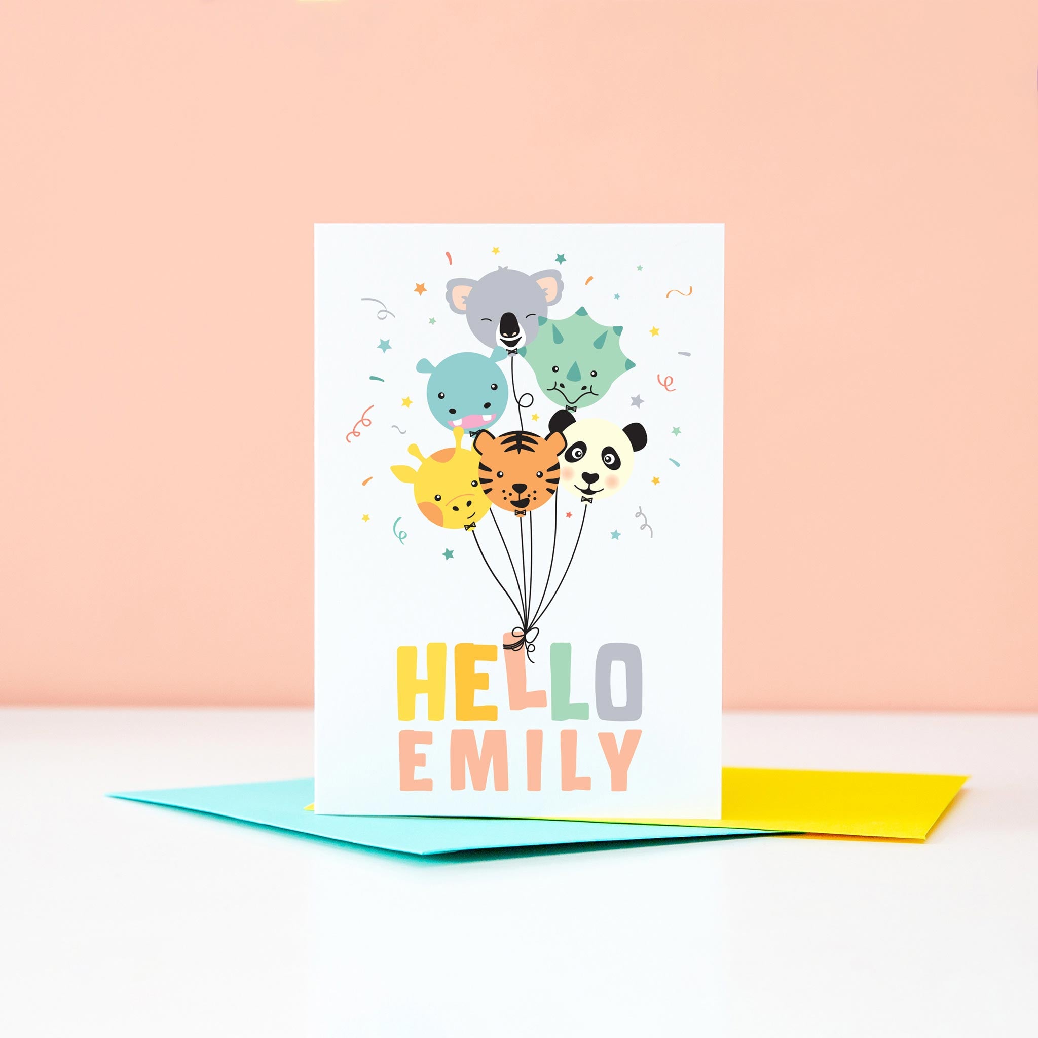 Bright and happy new baby card featuring a variety of balloon animals. Includes any personalised name in peach