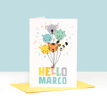 Load image into Gallery viewer, Bright and happy new baby card featuring a variety of balloon animals. Includes any personalised name in Turquoise

