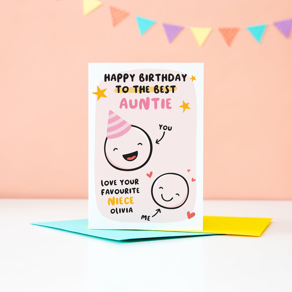This card features two happy faces, one wearing a party hat representing Auntie and the other representing Niece. The card reads 'happy birthday to the best Auntie, love your favourite Niece'. There is space underneath the word Niece to personalise with a name.