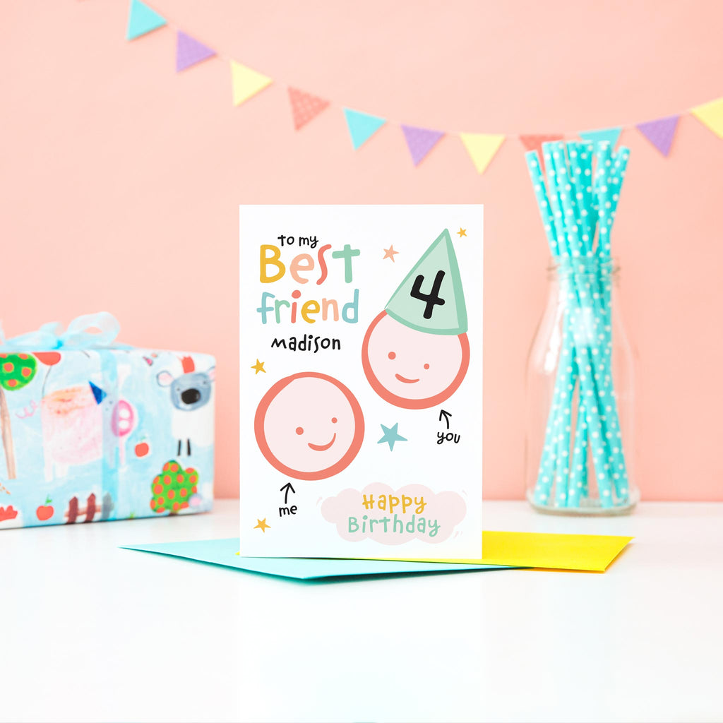 To my best friend, happy birthday. Cute and colourful personalised birthday card features two happy faces and any name and age for the recipient. With colourful text and stars