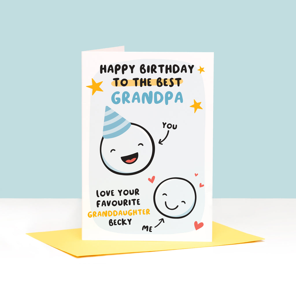 This card features two happy faces, one wearing a party hat representing Grandad and the other representing Granddaughter. The card reads 'happy birthday to the best Grandpa, love your favourite Granddaughter'. There is space underneath the word Granddaughter to personalise with a name.