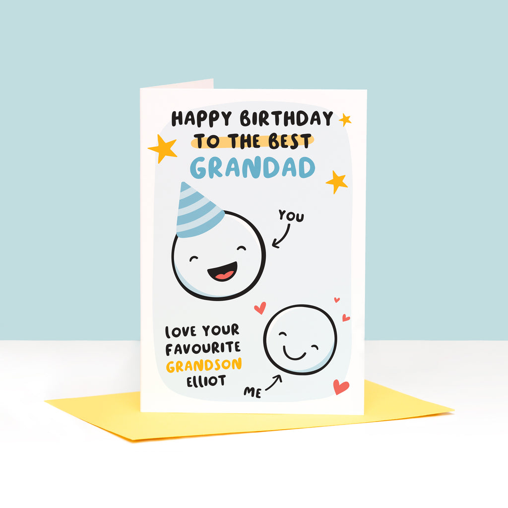 This card features two happy faces, one wearing a party hat representing Grandad and the other representing Grandson. The card reads 'happy birthday to the best Grandad, love your favourite Grandson'. There is space underneath the word Grandson to personalise with a name.