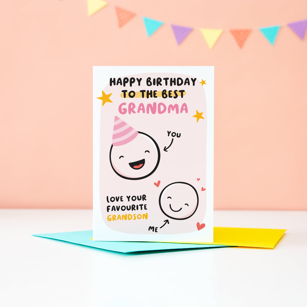 This card features two happy faces, one wearing a party hat representing Grandama and the other representing Grandson. The card reads 'happy birthday to the best Grandma, love your favourite Grandson'.
