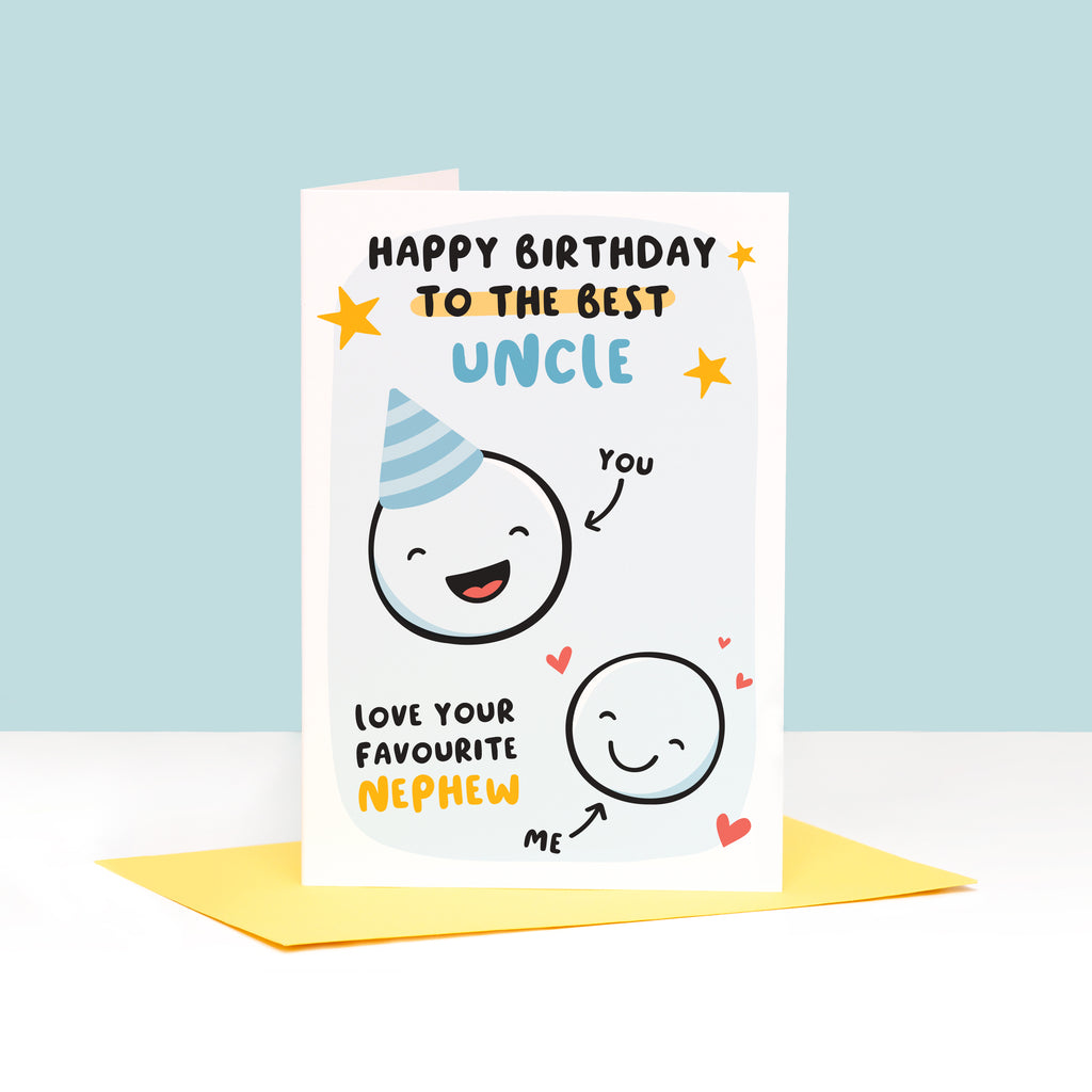 This card features two happy faces, one wearing a party hat representing Uncle and the other representing Nephew. The card reads 'happy birthday to the best Uncle, love your favourite Nephew'. 