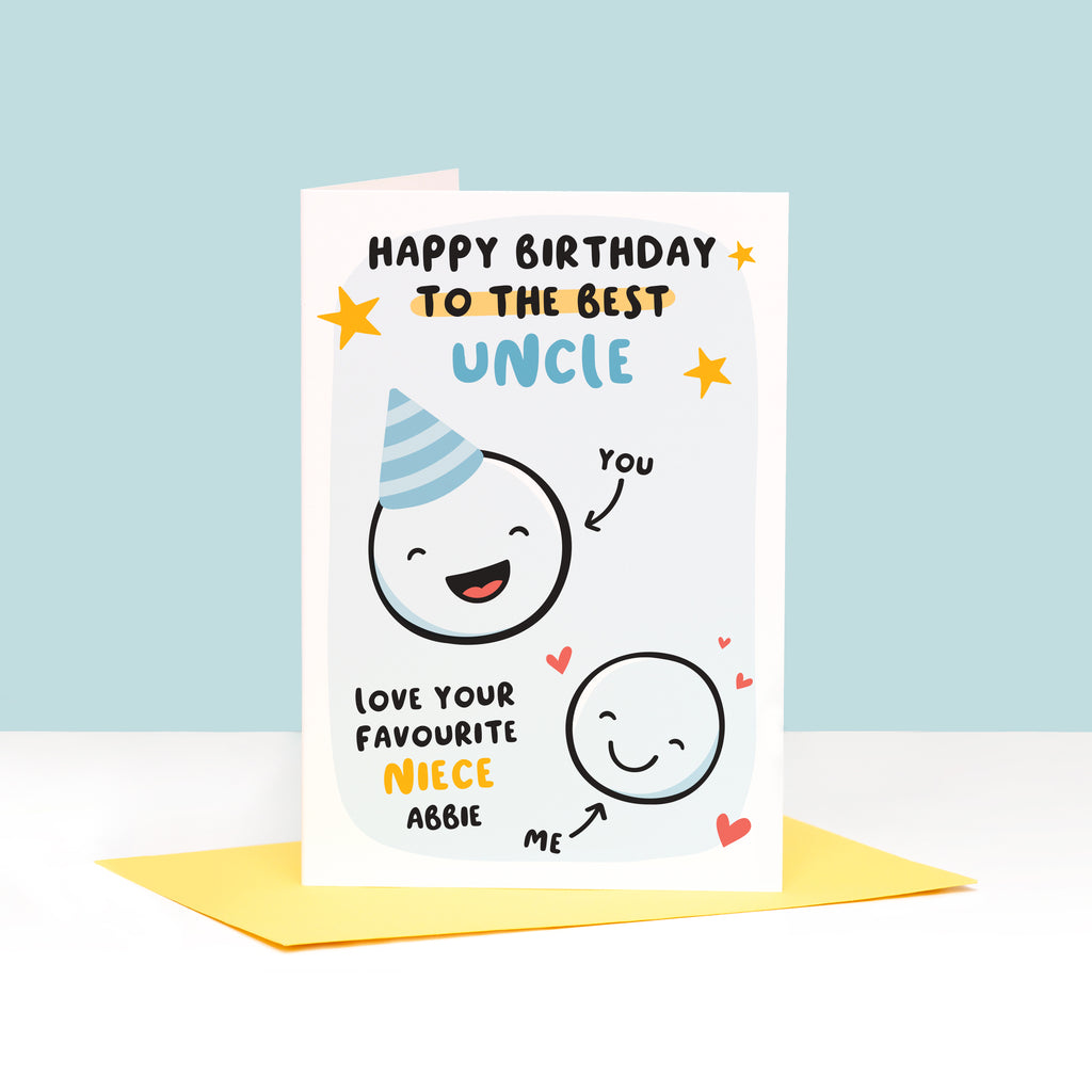 This card features two happy faces, one wearing a party hat representing Uncle and the other representing Niece. The card reads 'happy birthday to the best Uncle, love your favourite Niece'. There is space underneath the word Niece to personalise with a name.