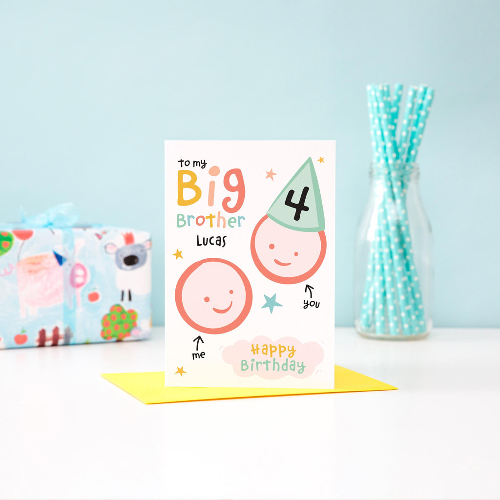 To my big brother birthday card. Colourful card features two happy faces and personalised with any name and age
