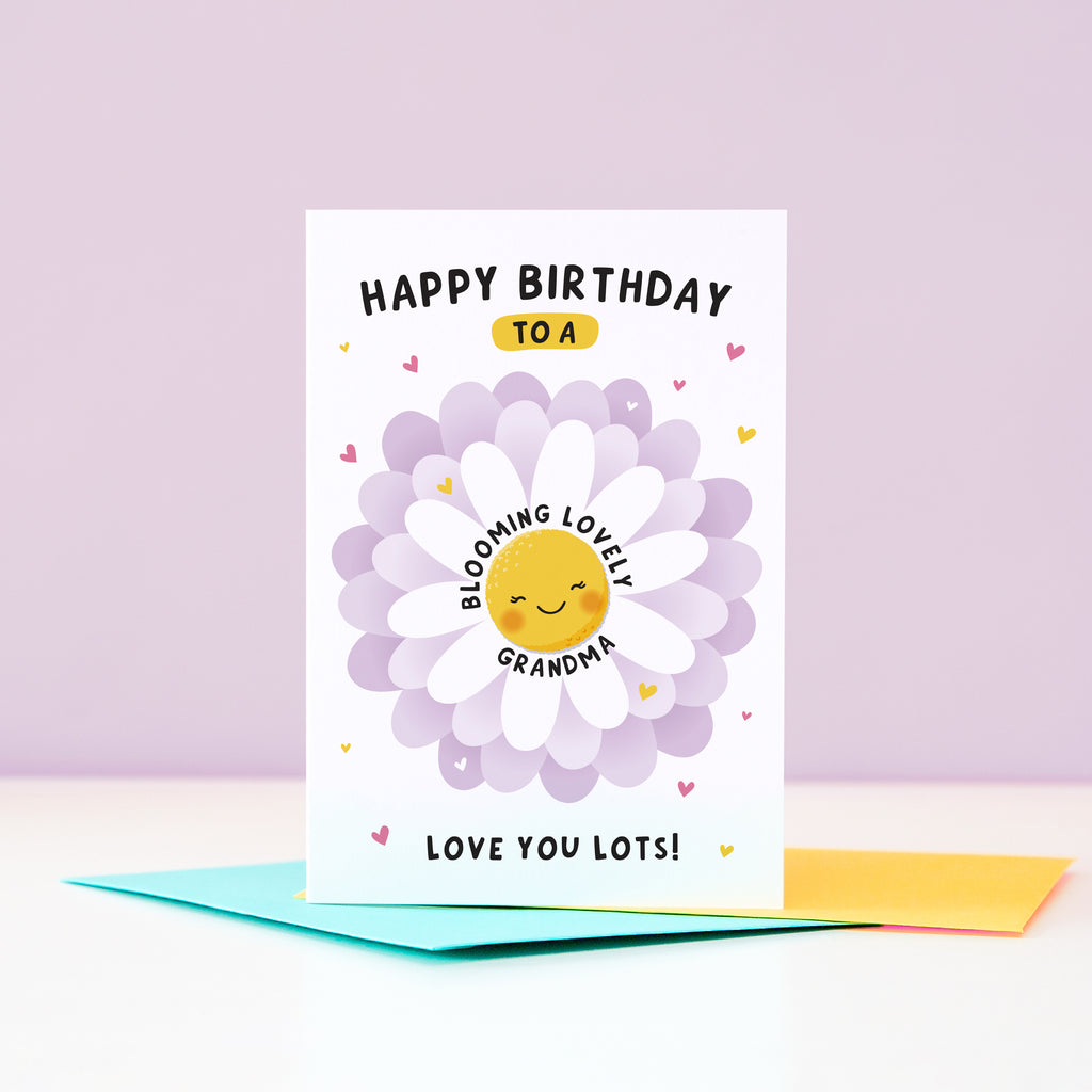 Text on this card reads ‘Happy birthday to a blooming lovely Grandma, love you lots!’. A cute and punny card featuring a happy flower in full bloom to represent Grandma, with a collection of hearts. The card can be personalised with Grandma’s preferred name eg. Gran, Grannie, Nana etc.