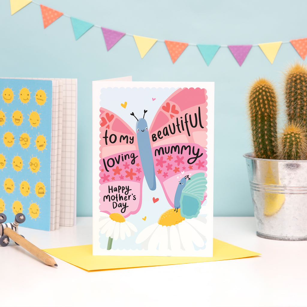 To my beautiful loving Mummy Happy Mother’s Day. A super cute and colourful card featuring butterflies and daisies with hand lettered text.
