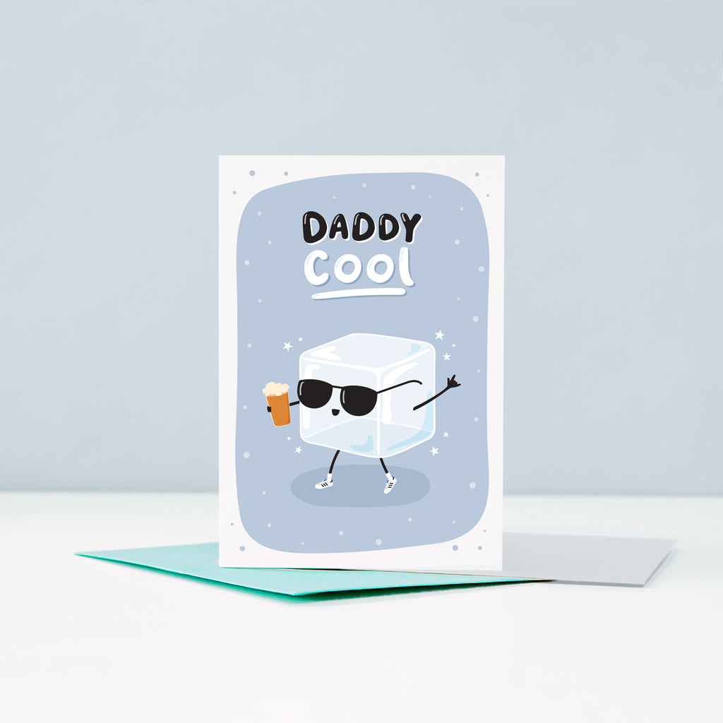 A cute card for cool Daddies. Featuring an illustration of an icecube wearing sunglasses and adidas trainers holding a beer. The card has a grey background and the words Daddy Cool.