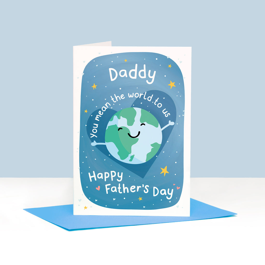 A bold and happy card featuring a smiling world and the words Daddy, you mean the world to us, Happy Father's Day. The card has a blue background and features lots of little hearts.