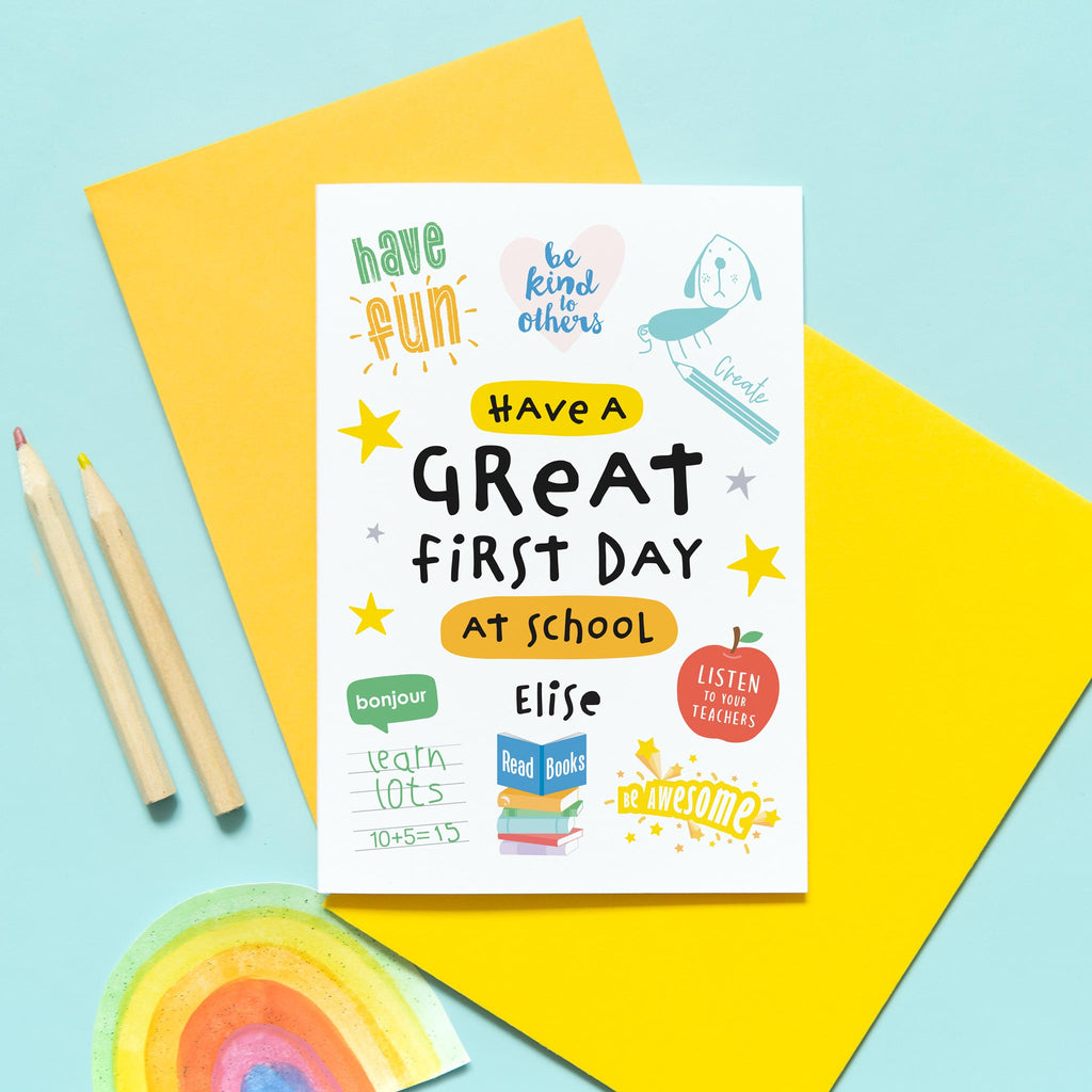Colourful and fun first day at school good luck card for children. Features inspiring text and images and personalised for any child's name