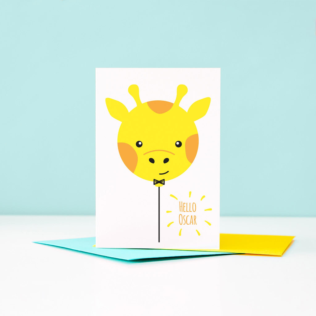 Greetings card with cute baby giraffe balloon and personalised with any name
