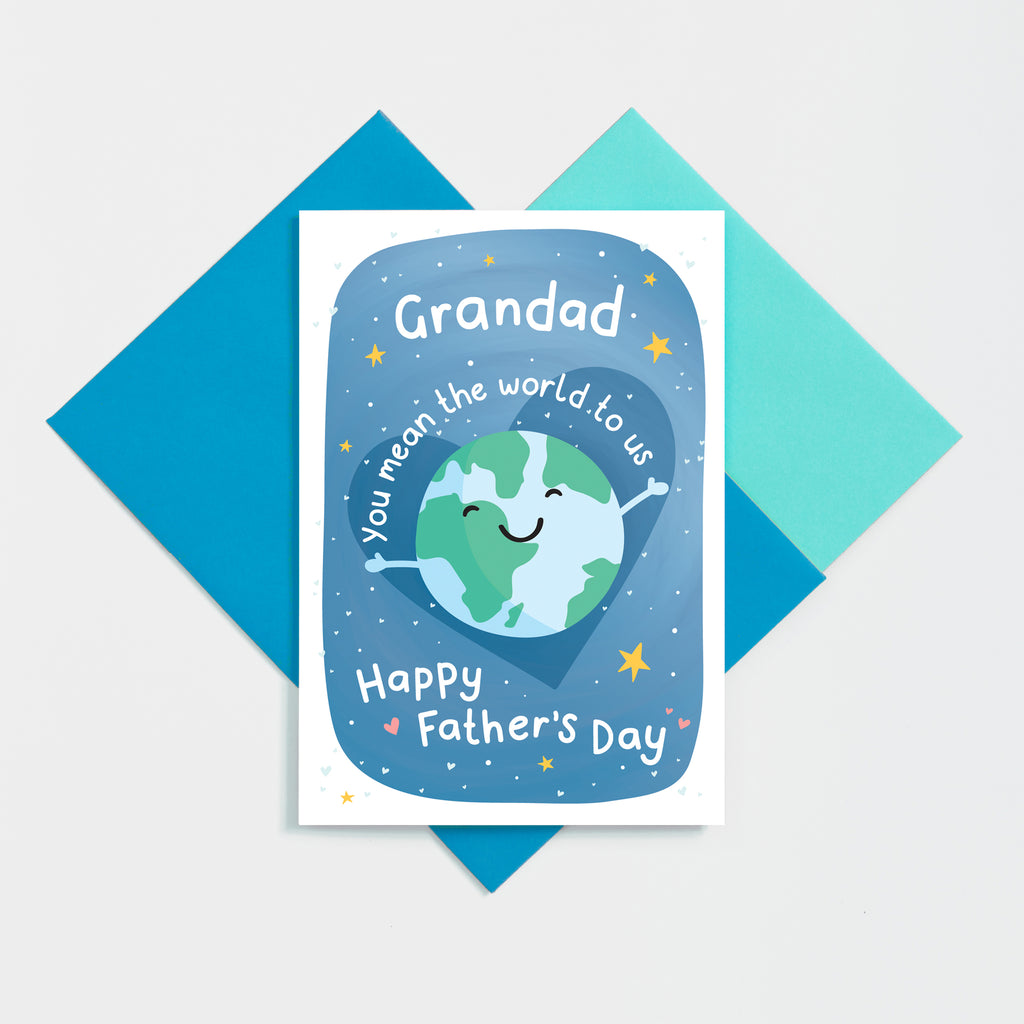 A bold and happy card featuring a smiling world and the words Grandad, you mean the world to us, Happy Father's Day. The card has a blue background and features lots of little hearts.