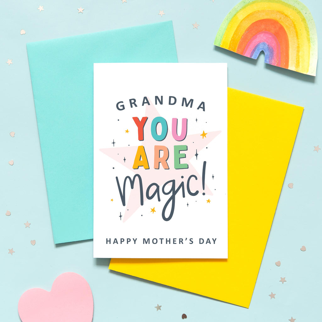 Grandma you are magic. Happy Mother's day. This bright a colourful typographic card features stars and bold text. 