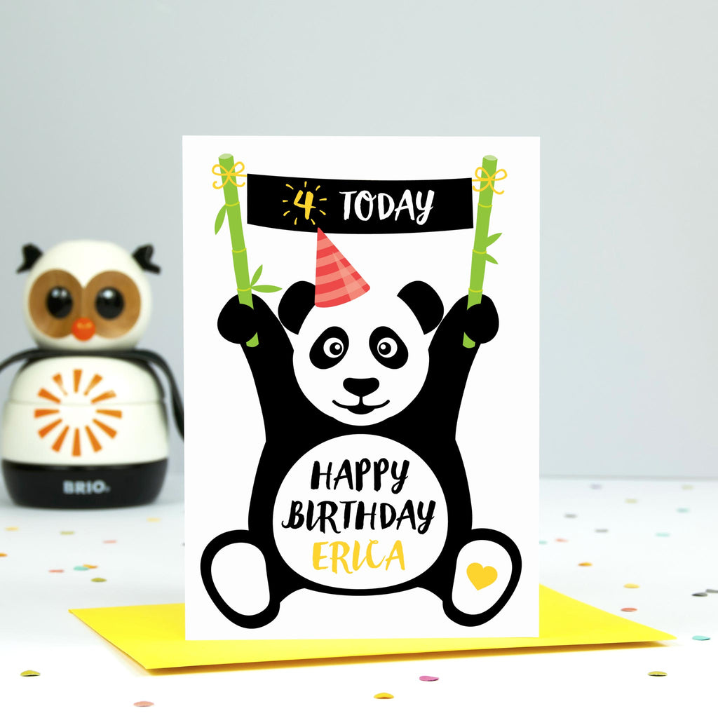 Cute panda birthday card with personalised name and age. Shows a sitting panda holding up a birthday banner