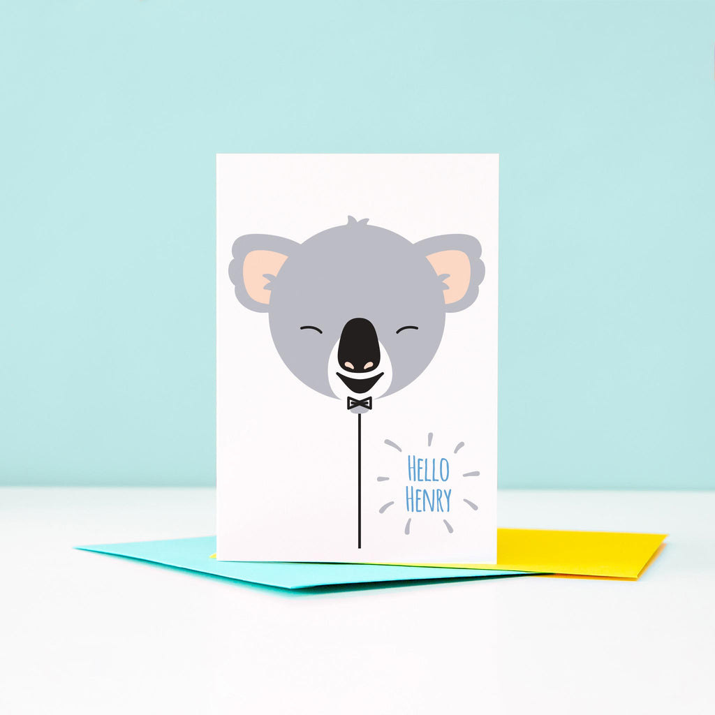 Greetings card with cute baby koala balloon and personalised with any name