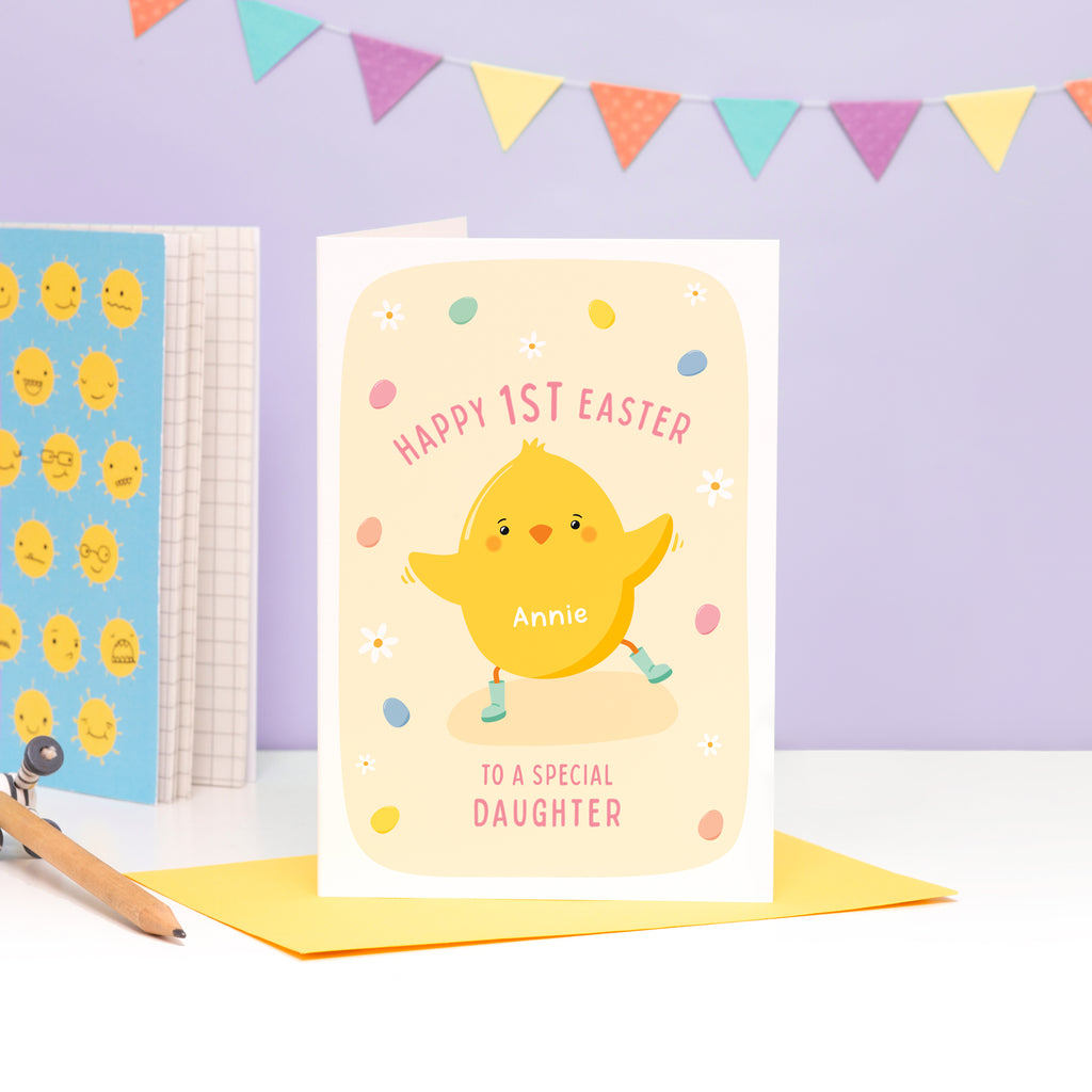 A super cute 1st Easter card featuring a little Easter Chick, mini eggs and spring daisies. The card can be personalised for any recipient and can include baby's name.