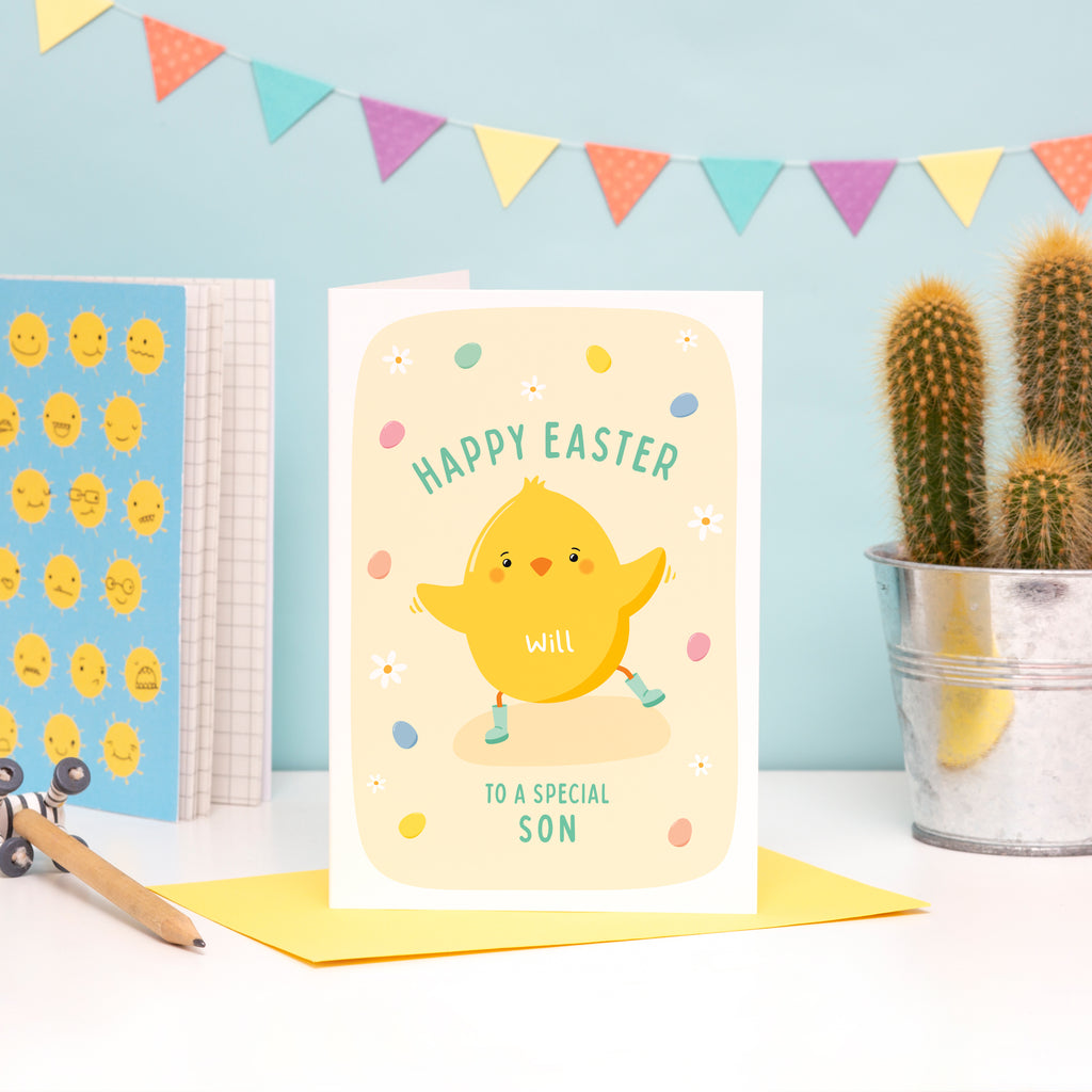 A super cute Easter card featuring an little Easter Chick, mini eggs and spring daisies. The card can be personalised for any recipient and can include a name.