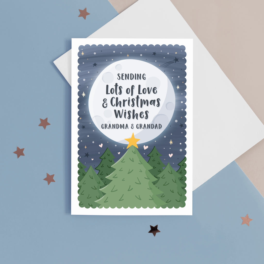 Sending lots of love and Christmas wishes – Grandma and Grandad. This beautiful Christmas card features festive trees with a star in front of a glowing distant moon which has the personalised message on. This card reads ‘sending lots of love and Christmas wishes Grandma and Grandad’, the names for grandparents can be personalised.