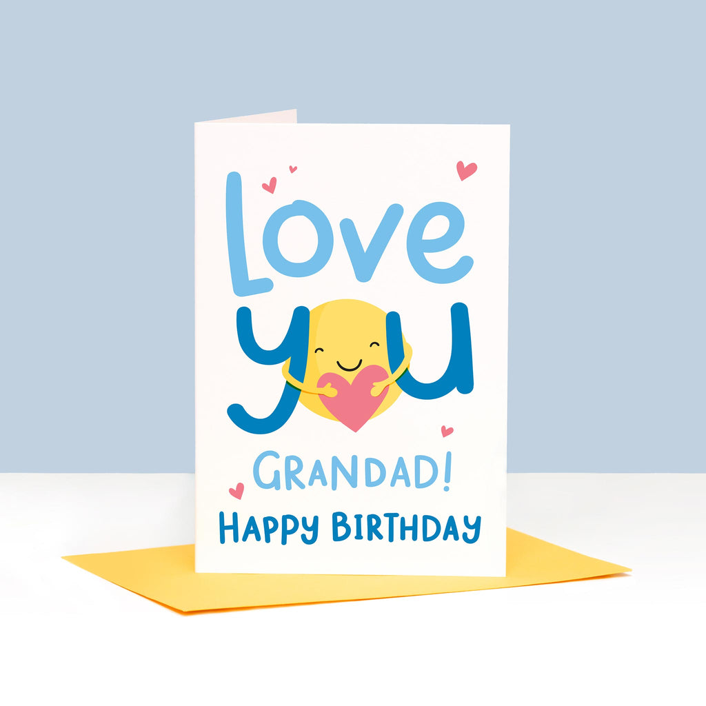 Love you Grandad Happy Birthday. A cute card with a hug and a heart for Grandad. The card can be personalised with Grandad's preferred name.