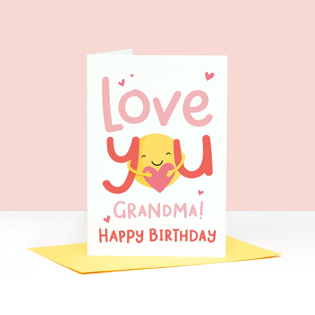 Love you Grandma Happy Birthday. A cute card with a hug and a heart for Grandma. The card can be personalised with Grandma's preferred name.