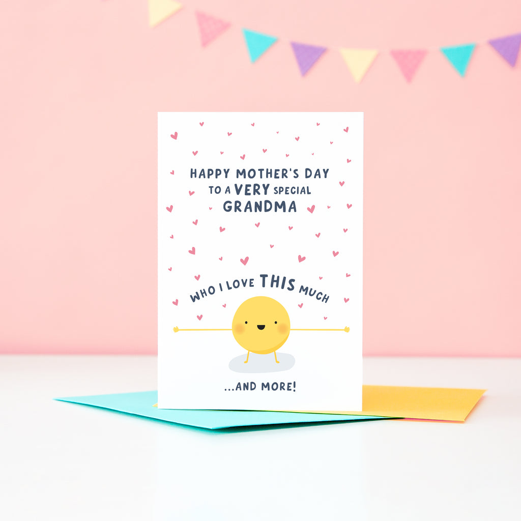 A cute card featuring a little sunshine character with outstretched arms and a collection of love hearts. The card reads Happy Mother’s Day to a very special Grandma who I love this much and more.