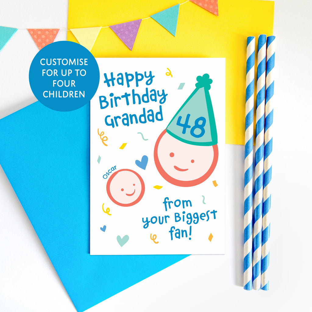 Happy birthday Grandad from your biggest fans. This card can be customised for up to 4 children. Personalised birthday card with cute child and Grandfather drawings. The card is personalised with the childrens names and Grandfathers age on his party hat.