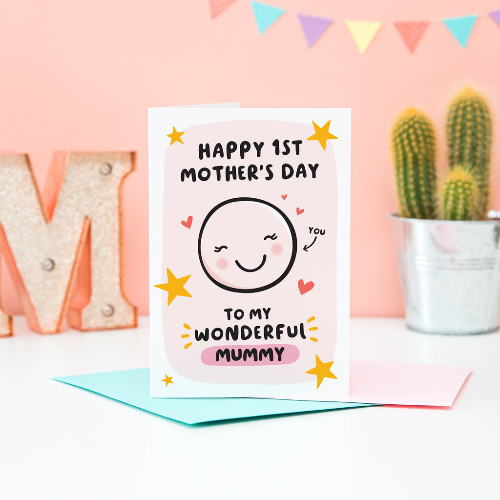 Happy 1st Mother’s Day to my wonderful mummy. A super cute card featuring a happy face to represent mummy, with a collection of stars and hearts. The card can be personalised with Mummy’s favourite name (mum, mom, mama etc).