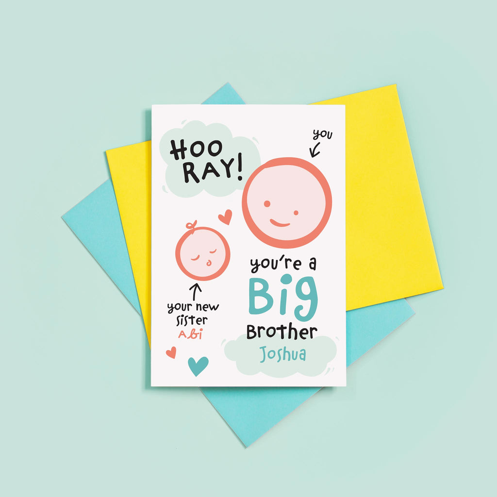 Hooray, you're a new big brother. Personalised card to congratulate someone on becoming a new big brother to a baby sister. The card features two smiling faces to represent brother and sister. 