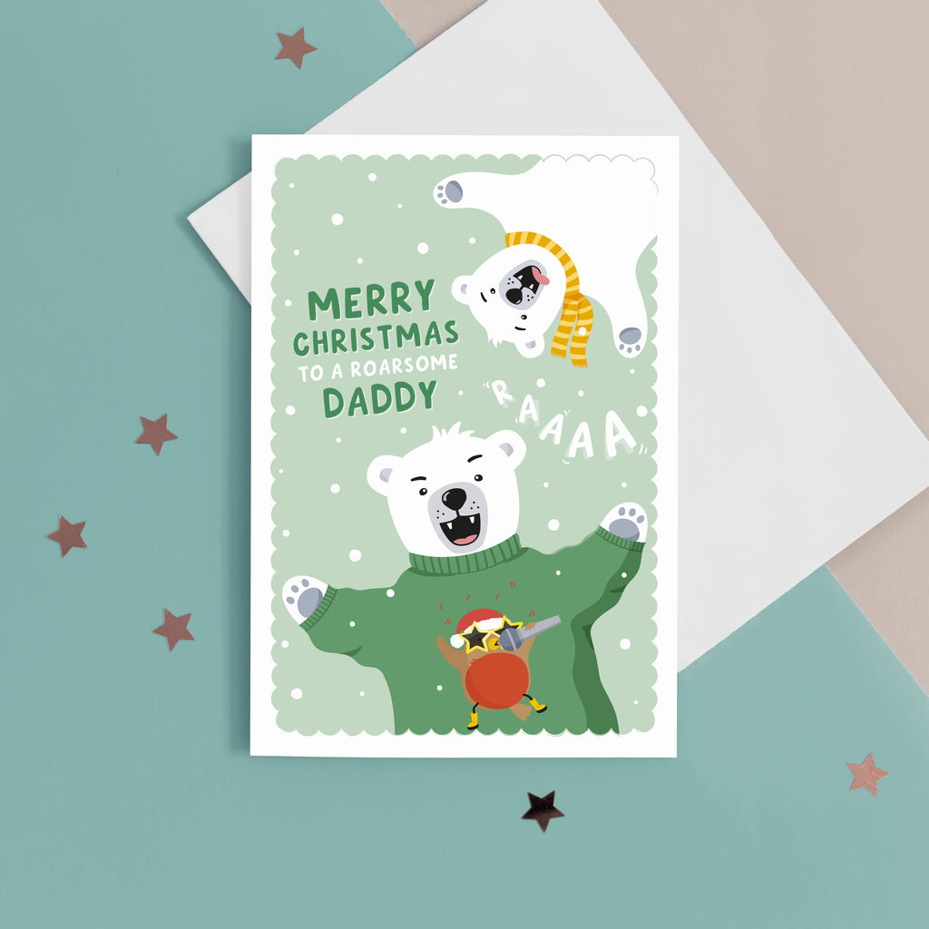 A fun Christmas card featuring two polar bears on a green snowy background. The card reads ‘Merry Christmas to my roarsome Daddy’. The card can be personalised for any recipient eg. Daddy, Grandad, Uncle etc. 