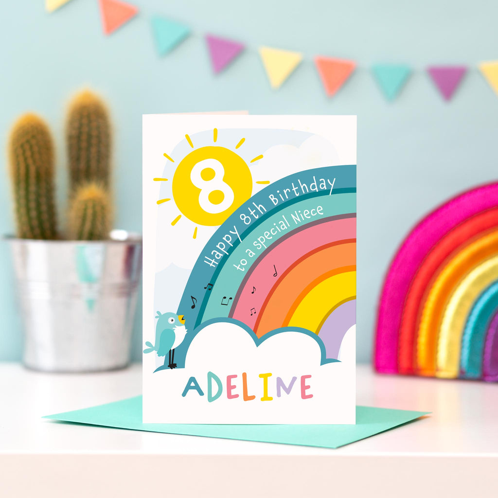 Happy 8th birthday to a special Niece. This bright and colourful birthday card features a shining sun with age, a rainbow with personalised message, happy singing bird, clouds and any personalised name.