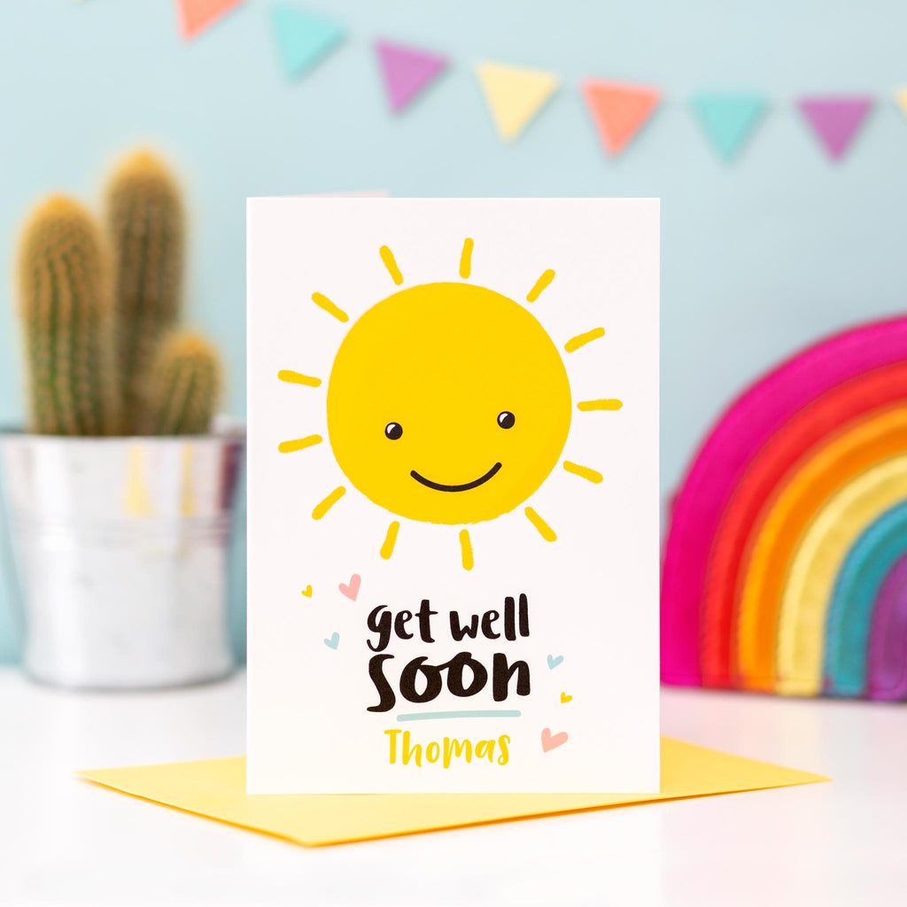 Get well soon card featuring a smiling sun. Personalised for any name. Cute card for children or adults.