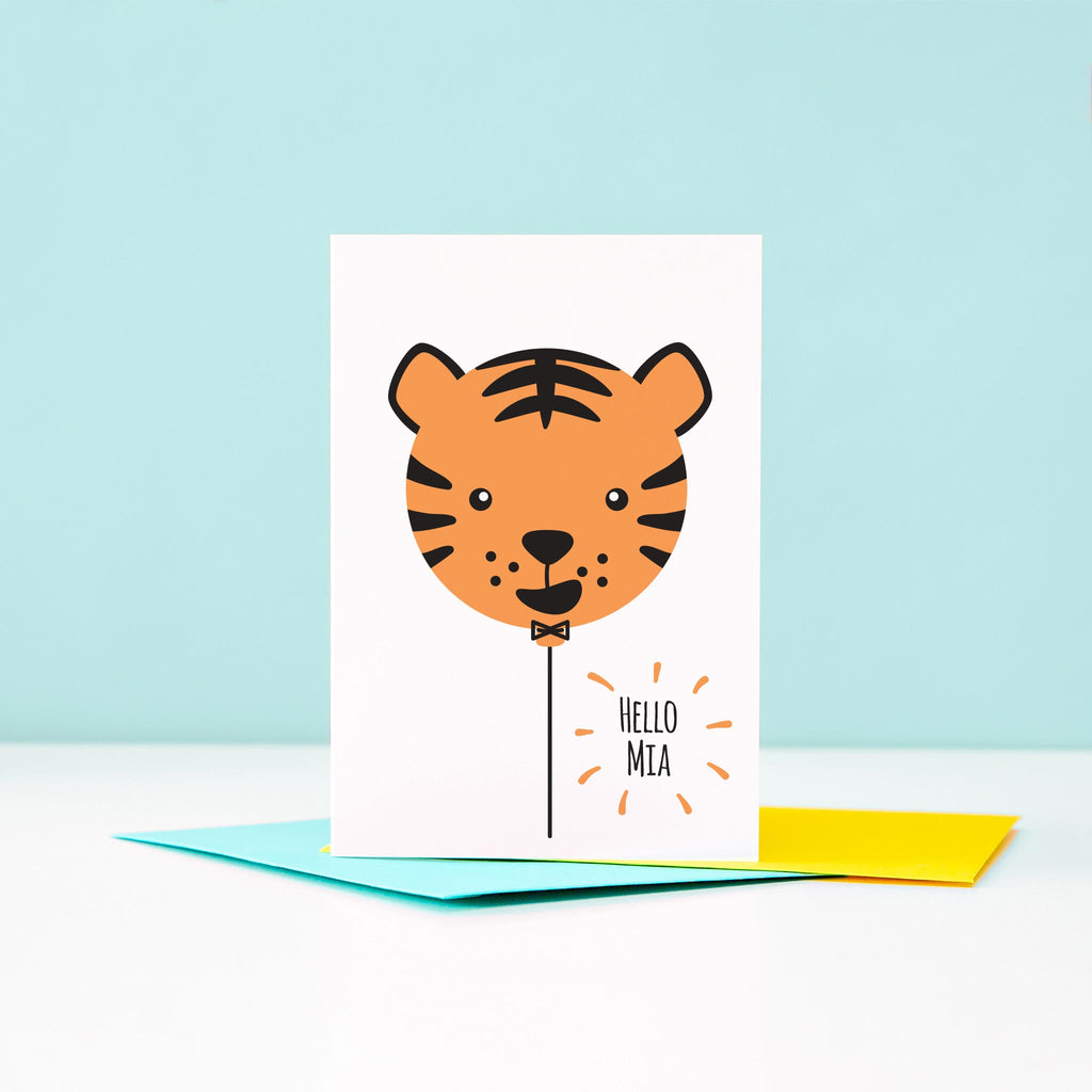 Greetings card with cute baby tiger balloon and personalised with any name