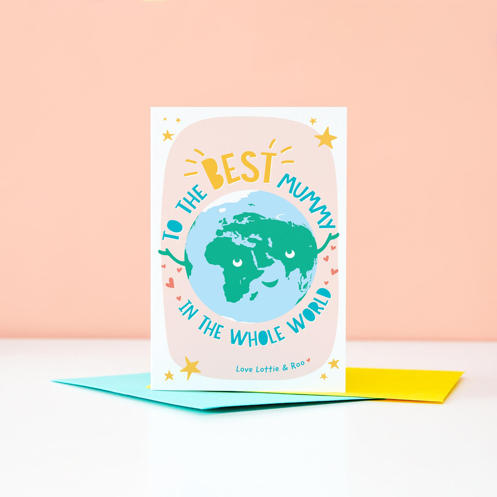 To the best Mummy in the whole wide world. Cute personalised mother's day card with planet, stars, hearts and childrens names on.