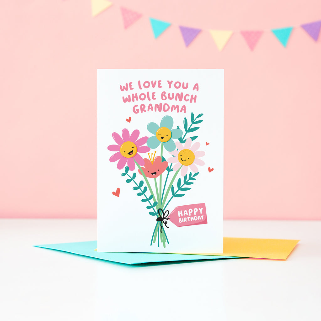 We love you a whole bunch grandma, happy birthday. A super cute card featuring a bunch of happy smiling flowers and a collection of small hearts. This card can be personalised with grandma’s preferred name.