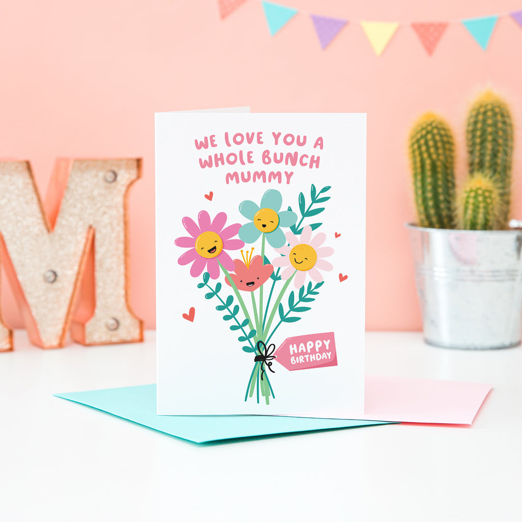 We love you a whole bunch mummy, happy birthday. A super cute card featuring a bunch of happy smiling flowers and a collection of small hearts. This card can be personalised with mummy’s preferred name.