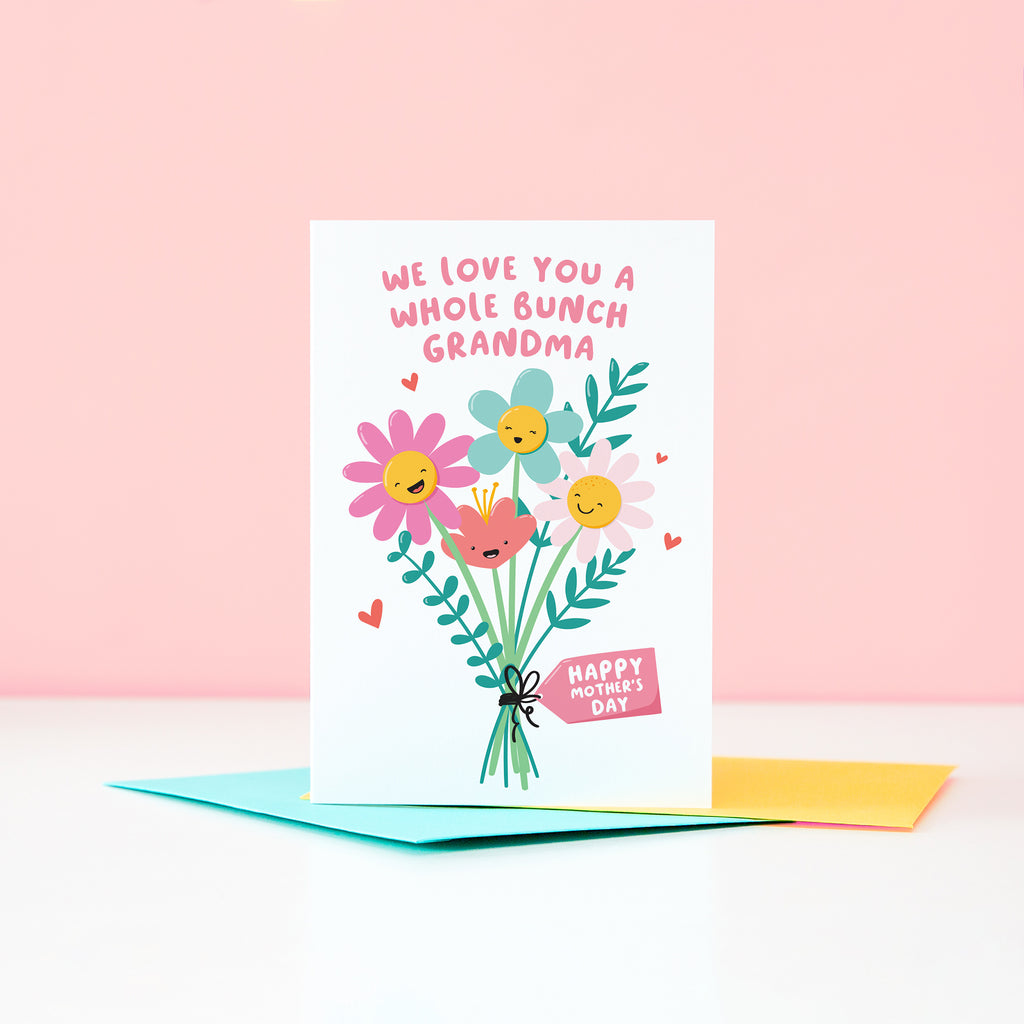 We love you a whole bunch grandma, happy mother's day. A super cute card featuring a bunch of happy smiling flowers and a collection of small hearts. This card can be personalised with grandma’s preferred name.