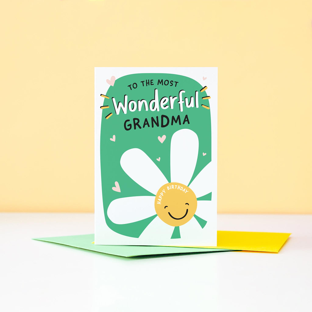 To the most wonderful Grandma, happy birthday. A cute and happy daisy greetings card with a green background can be personalised with Grandma's favourite name.