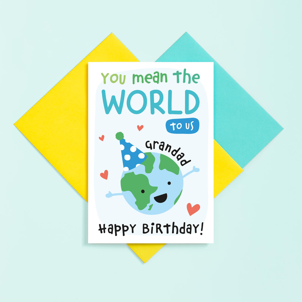 You mean the world to us Grandad. A cute personalised birthday card for Grandad featuring and happy earth character in a party hat. The card can be customised with whatever you call Grandad, Grandpa, Grandpops, Gramps etc