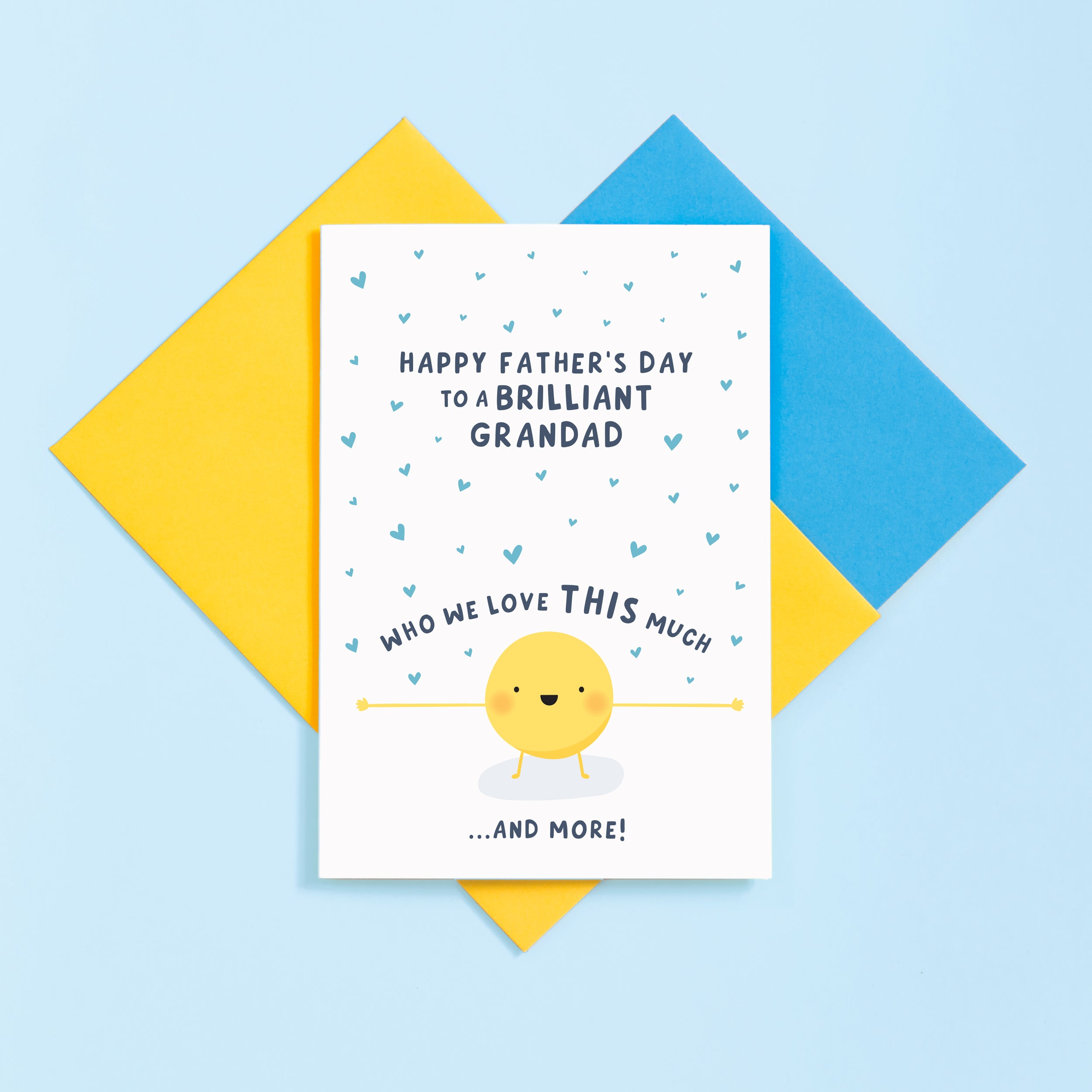 A cute card featuring a little sunshine character with outstretched arms and a collection of love hearts. The card reads Happy Father’s Day to a brilliant Grandad who we love this much and more.