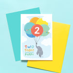 Load image into Gallery viewer, Two today birthday card with baby elephant holding balloons. Can be personalised for any name and age.
