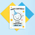 Load image into Gallery viewer, Happy birthday to our awesome Uncle. A super cute card featuring a happy face wearing a party hat to represent Uncle, with a collection of stars and hearts. The card can be personalised with Uncle&#39;s name.
