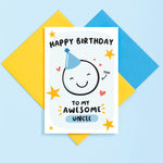 Load image into Gallery viewer, Happy birthday to my awesome Uncle. A super cute card featuring a happy face wearing a party hat to represent Uncle, with a collection of stars and hearts. The card can be personalised with Uncle&#39;s name.
