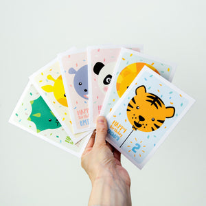 collection of balloon animal cards. Cute and colourful personalised birthday cards with baby animal faces on balloons