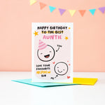 Load image into Gallery viewer, This card features two happy faces, one wearing a party hat representing Auntie and the other representing Nephew. The card reads &#39;happy birthday to the best Auntie, love your favourite Nephew&#39;. There is space underneath the word Nephew to personalise with a name. 
