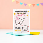 Load image into Gallery viewer, This card features two happy faces, one wearing a party hat representing Auntie and the other representing Nephew. The card reads &#39;happy birthday to the best Auntie, love your favourite Nephew&#39;. It has a pale pink background with yellow stars and red hearts.
