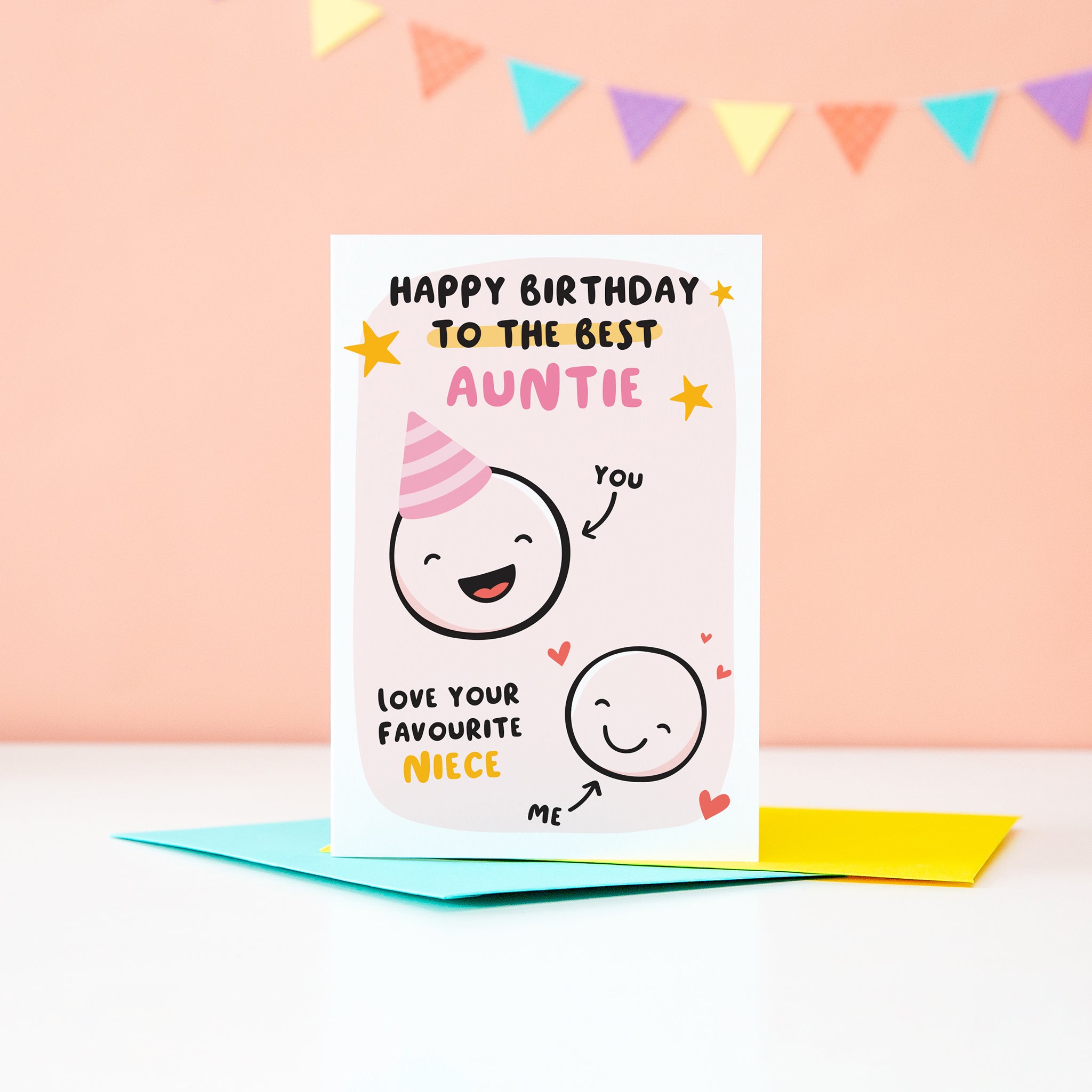 This card features two happy faces, one wearing a party hat representing Auntie and the other representing Niece. The card reads 'happy birthday to the best Auntie, love your favourite Niece'. 