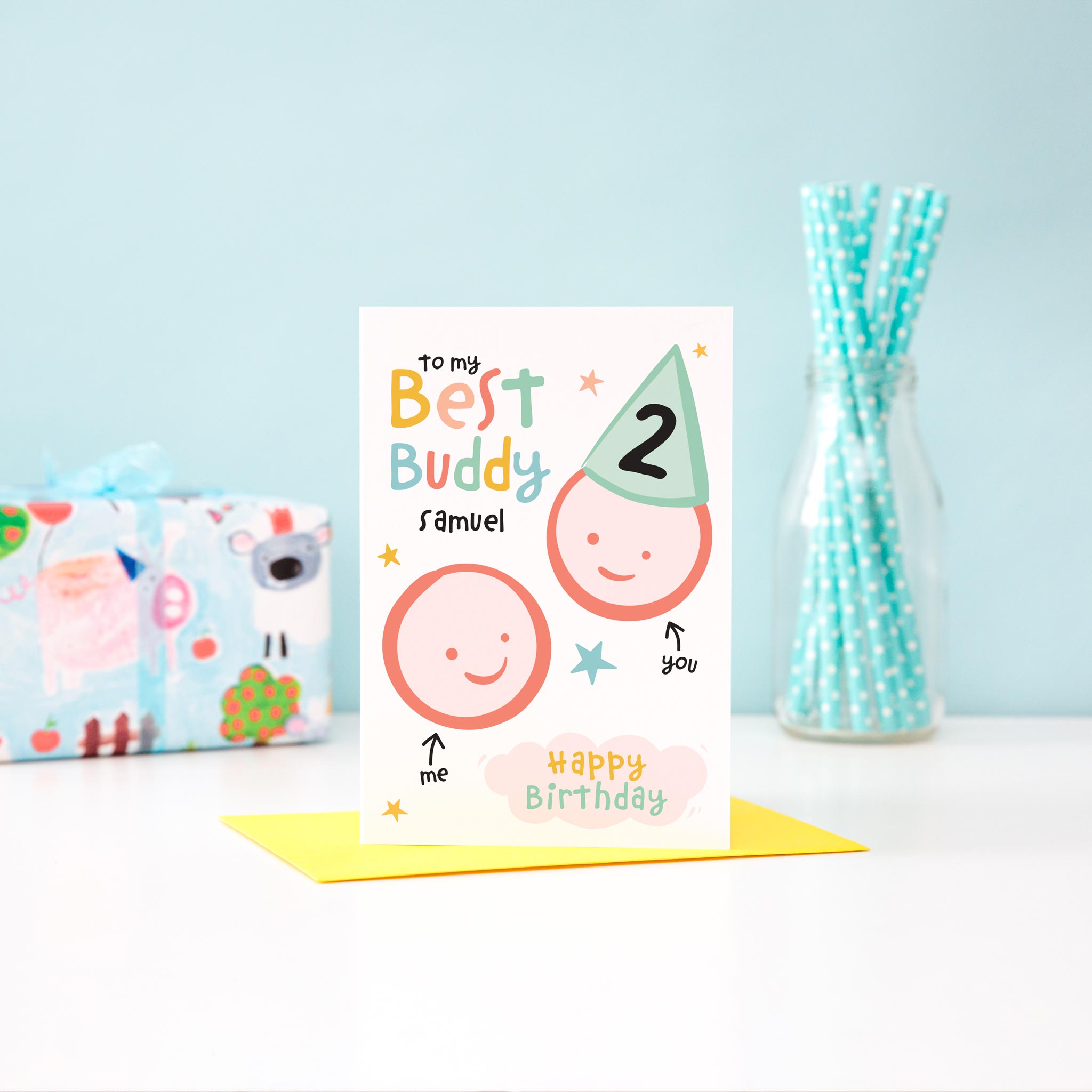  To my best buddy, happy birthday. Cute and colourful personalised birthday card features two happy faces and any name and age for the recipient. With colourful text and stars